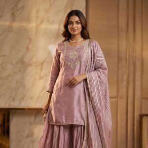 Party Wear Mauve Divider set with short kurta and lurex dupatta