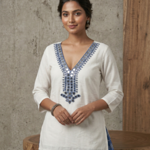 Premium Jute linen Cotton Co-ord set in White and Blue colour combinations.
