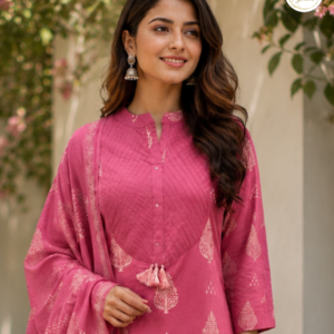 Women's Rose Pink Printed Kurta Pant & Dupatta Set