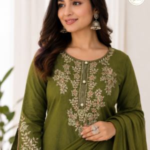Olive Green Embroidered Kurta Set with Dupatta