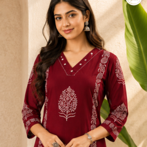 Woman wearing a maroon hand block print kurta pant set featuring a V-neck design and traditional white floral prints by CholaGhar.