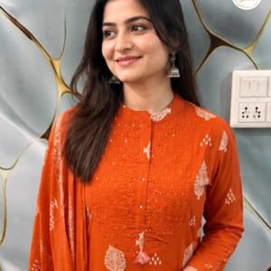 Women's Rust Orange Printed Kurta Pant and Dupatta Set with Embroidered Yoke by Chola Ghar
